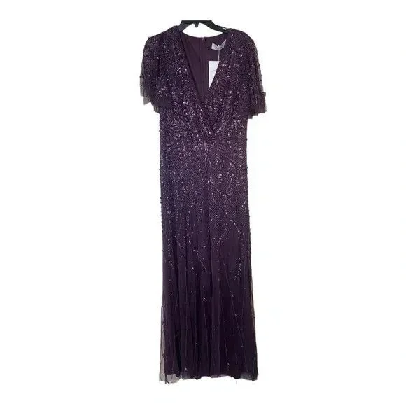 Mac Duggal Blush Flutter Sleeve Embellished‎ Sequin Gown 35109 $698 AUBERGINE